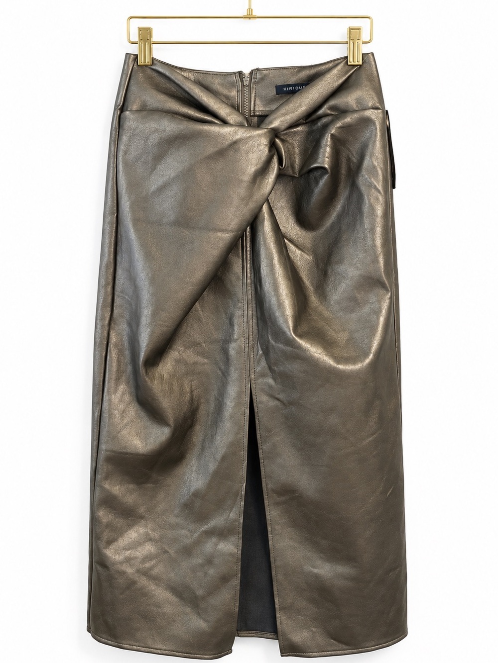 Kirious Skirt Midi Medium Metallic Bronze NWT Front Slit Ruched Faux Leather